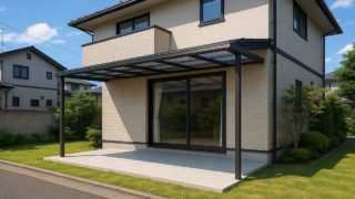 【兵庫県】テラス屋根の費用相場|住んでから分かるリアルな体験談 兵庫県の戸建て外構に施工されたテラス屋根のイメージ