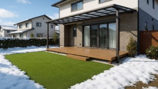 【石狩市】庭の人工芝の費用目安|写真映えする見せ方5選 石狩市の戸建て外構に施工された人工芝のイメージ