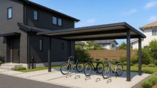 【磐田市】サイクルポートの予算ライン|後悔しない屋根材の選び方 磐田市の戸建て外構に施工されたサイクルポートのイメージ