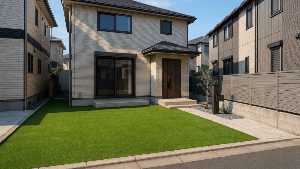 泉佐野市の戸建て外構に施工された人工芝のイメージ