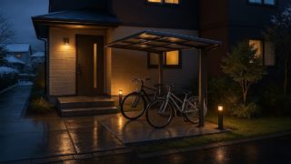 【上越市】自転車置き場の費用比較|フェンス等と一緒に付けるコツ 上越市の戸建て外構に施工された自転車置き場のイメージ