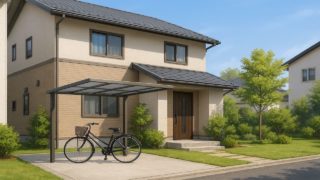 【鹿屋市】サイクルポートの費用相場|玄関まで濡れない動線づくり 鹿屋市の戸建て外構に施工されたサイクルポートのイメージ