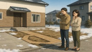 【北広島市】新築外構でありがちな失敗5つ|最初の優先順位を間違えた例 北広島市の外構工事の失敗にがっかりする夫婦のイメージ