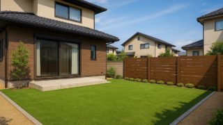 【神戸市】人工芝の費用相場|設置後にありがちな誤算5つ 神戸市の戸建て外構に施工された人工芝のイメージ