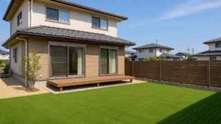 【高知県】人工芝 工事の価格相場|ランニングコストを抑える5つ 高知県の戸建て外構に施工された人工芝のイメージ