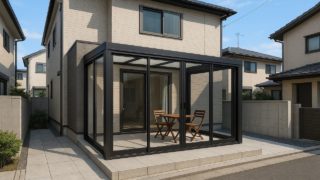 【狛江市】テラス囲い・サンルームの工事相場|共働き家庭に向く使い方5つ 狛江市の戸建て外構に施工されたテラス囲い・サンルームのイメージ