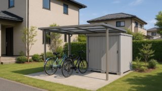 【越谷市】自転車置き場の本体+施工費|小学生がいる家庭で多い相談 越谷市の戸建て外構に施工された自転車置き場のイメージ