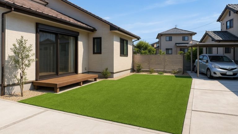 倉敷市の戸建て外構に施工された人工芝のイメージ