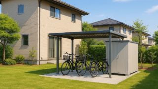 【前橋市】自転車置き場の費用感|屋根を大きめにする条件とは? 前橋市の戸建て外構に施工された自転車置き場のイメージ
