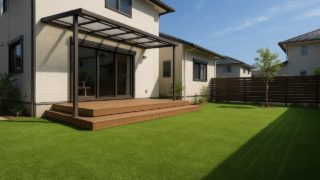 【松戸市】人工芝敷きの費用感|ペットのケガを防ぐポイント5つ 松戸市の戸建て外構に施工された人工芝のイメージ