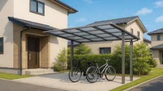 【三鷹市】サイクルポートの費用相場|駐車場と共存させるレイアウト 三鷹市の戸建て外構に施工されたサイクルポートのイメージ