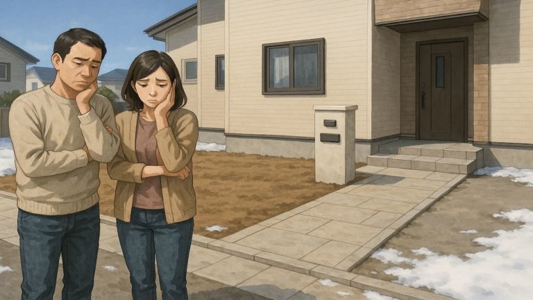 宮城県の外構工事の仕上がりにがっかりする夫婦のイメージ