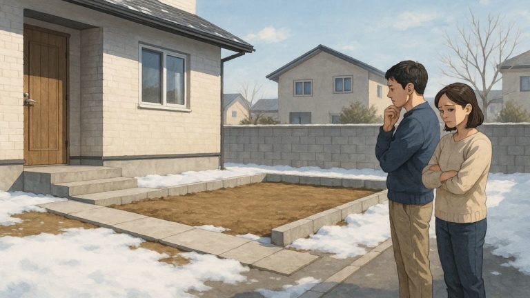 盛岡市の外構工事の仕上がりにがっかりする夫婦のイメージ