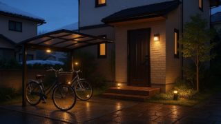 【長岡市】自転車置き場の価格相場|夜も安全な照明プラン 長岡市の戸建て外構に施工された自転車置き場のイメージ