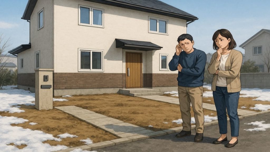 名取市の外構工事の失敗にがっかりする夫婦のイメージ