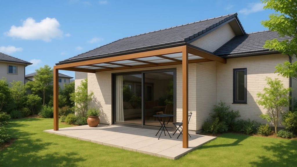 新座市の戸建て外構に施工されたテラス屋根のイメージ