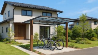 【小田原市】サイクルポートの総額相場|物置と組み合わせる収納術 小田原市の戸建て外構に施工されたサイクルポートのイメージ