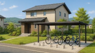 【岡崎市】サイクルポートの総額相場|子ども自転車3台でもスッキリ収納 岡崎市の戸建て外構に施工されたサイクルポートのイメージ