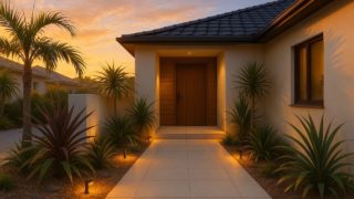 【大牟田市】玄関アプローチの費用感|雨の日でも使いやすい設計 大牟田市の戸建て外構に施工された玄関アプローチのイメージ