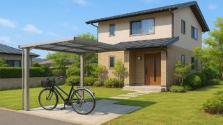 【大牟田市】自転車置き場の本体+施工費|防犯を上げるライト配置 大牟田市の戸建て外構に施工された自転車置き場のイメージ