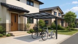 【佐世保市】サイクルポートの費用相場|駐車場と共存させるレイアウト 佐世保市の戸建て外構に施工されたサイクルポートのイメージ