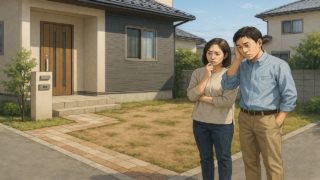 【下野市】外構デザインの失敗例5選|売却時に評価されにくい仕様 下野市の外構工事の失敗にがっかりする夫婦のイメージ
