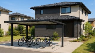 【周南市】サイクルポート工事の総額目安|工期・費用・出来映えをチェック 周南市の戸建て外構に施工された自転車置き場のイメージ