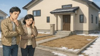 滝沢市の外構工事の仕上がりにがっかりする夫婦のイメージ