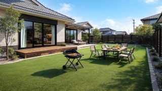 【取手市】人工芝敷きの費用感|メンテナンス費を抑えるコツ5選 取手市の戸建て外構に施工された人工芝のイメージ