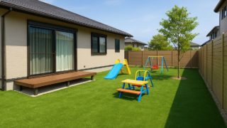 【土浦市】人工芝の費用|メンテを減らす掃除のコツ5つ 土浦市の戸建て外構に施工された人工芝のイメージ