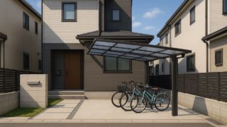 【八尾市】サイクルポートの費用感|“置きっぱなし”にならない導線 八尾市の戸建て外構に施工されたサイクルポートのイメージ