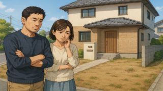 【横須賀市】外構レイアウトの失敗5選|ゴミ出しや物干しが遠回りになる形 横須賀市の外構工事の失敗にがっかりする夫婦のイメージ