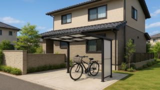 【米子市】サイクルポート費用の違い|段差地でもキレイに設置する 米子市の戸建て外構に施工されたサイクルポートのイメージ