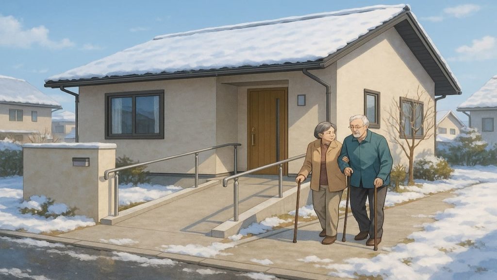 秋田県の戸建てに施工されたバリアフリー外構のイメージ