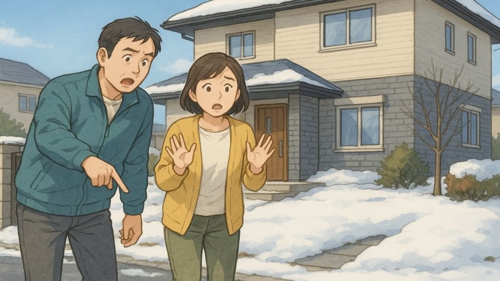 秋田県で夫婦が外構トラブルで困っているイメージ