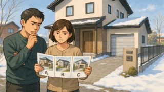 江別市で夫婦が外構業者の選び方と探し方を考えているイメージ