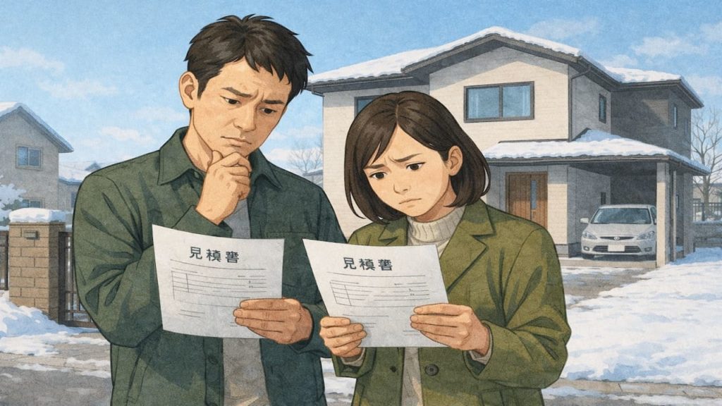 江別市で夫婦が外構見積もりで悩んでいるイメージ