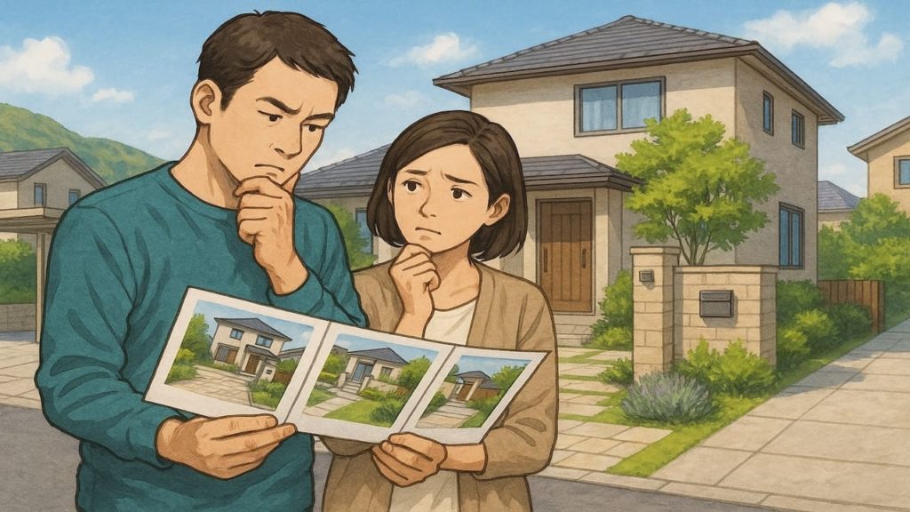 富士市で夫婦が外構業者の選び方と探し方を考えているイメージ