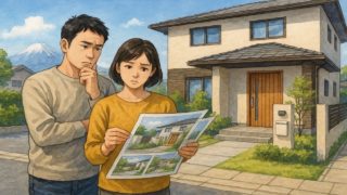 富士宮市で夫婦が外構業者の選び方と探し方を考えているイメージ