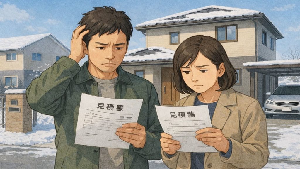 八戸市で夫婦が外構見積もりで悩んでいるイメージ