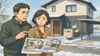 花巻市で夫婦が外構業者の選び方と探し方を考えているイメージ