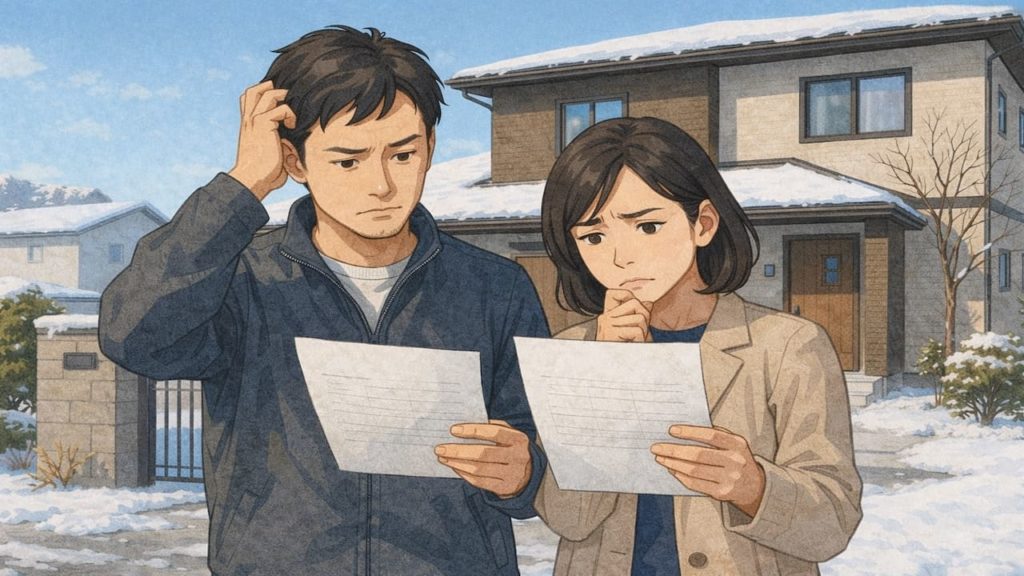 花巻市で夫婦が外構見積もりで悩んでいるイメージ