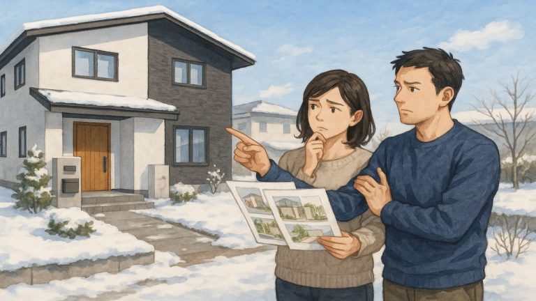 弘前市で夫婦が外構業者の選び方と探し方を考えているイメージ