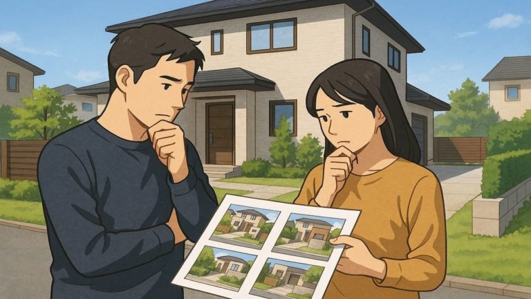 日立市で夫婦が外構業者の選び方と探し方を考えているイメージ