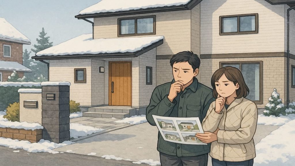 北海道で夫婦が外構業者の選び方と探し方を考えているイメージ