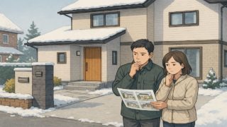 北海道で夫婦が外構業者の選び方と探し方を考えているイメージ