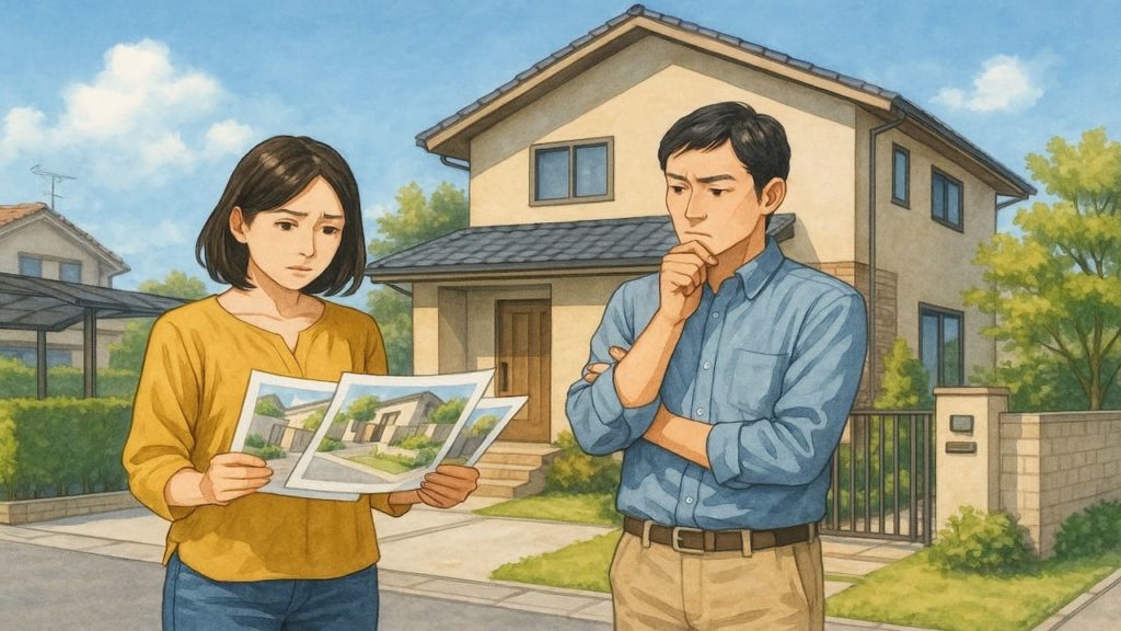 稲沢市で夫婦が外構業者の選び方と探し方を考えているイメージ