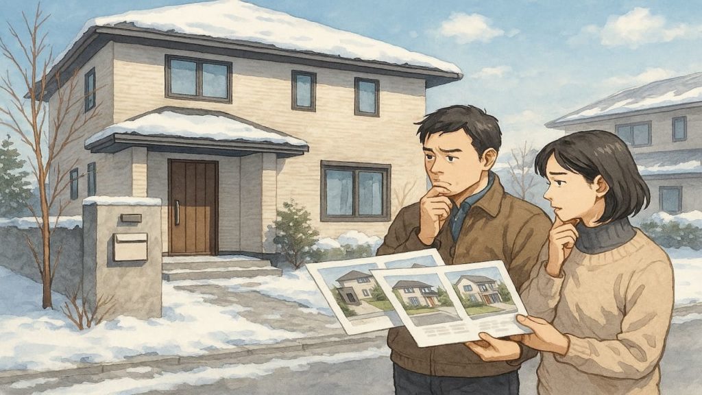 岩手県で夫婦が外構業者の選び方と探し方を考えているイメージ