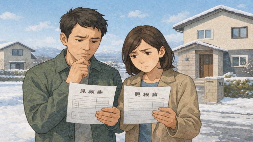 岩手県で夫婦が外構見積もりで悩んでいるイメージ