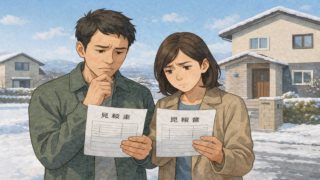 岩手県で夫婦が外構見積もりで悩んでいるイメージ